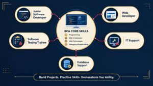 BCA career pathway graphic connecting programming, databases and web development skills with entry-level IT roles.
