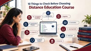 Distance education course selection checklist covering recognition, eligibility, fees and career fit