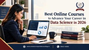 Indian professional exploring data science courses and career development using analytics dashboards and a laptop.