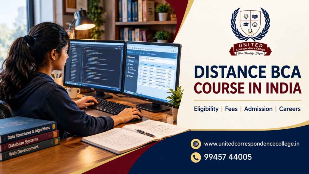 Indian student studying computer applications at a home workstation for a distance BCA course in India.