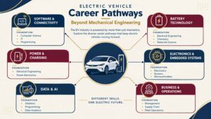 Infographic connecting six electric vehicle career pathways with relevant educational backgrounds, including IT, electrical engineering, electronics, data analytics and business.