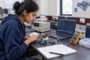 Engineering student testing a low-voltage battery-monitoring circuit and microcontroller as part of practical electric vehicle technology learning.